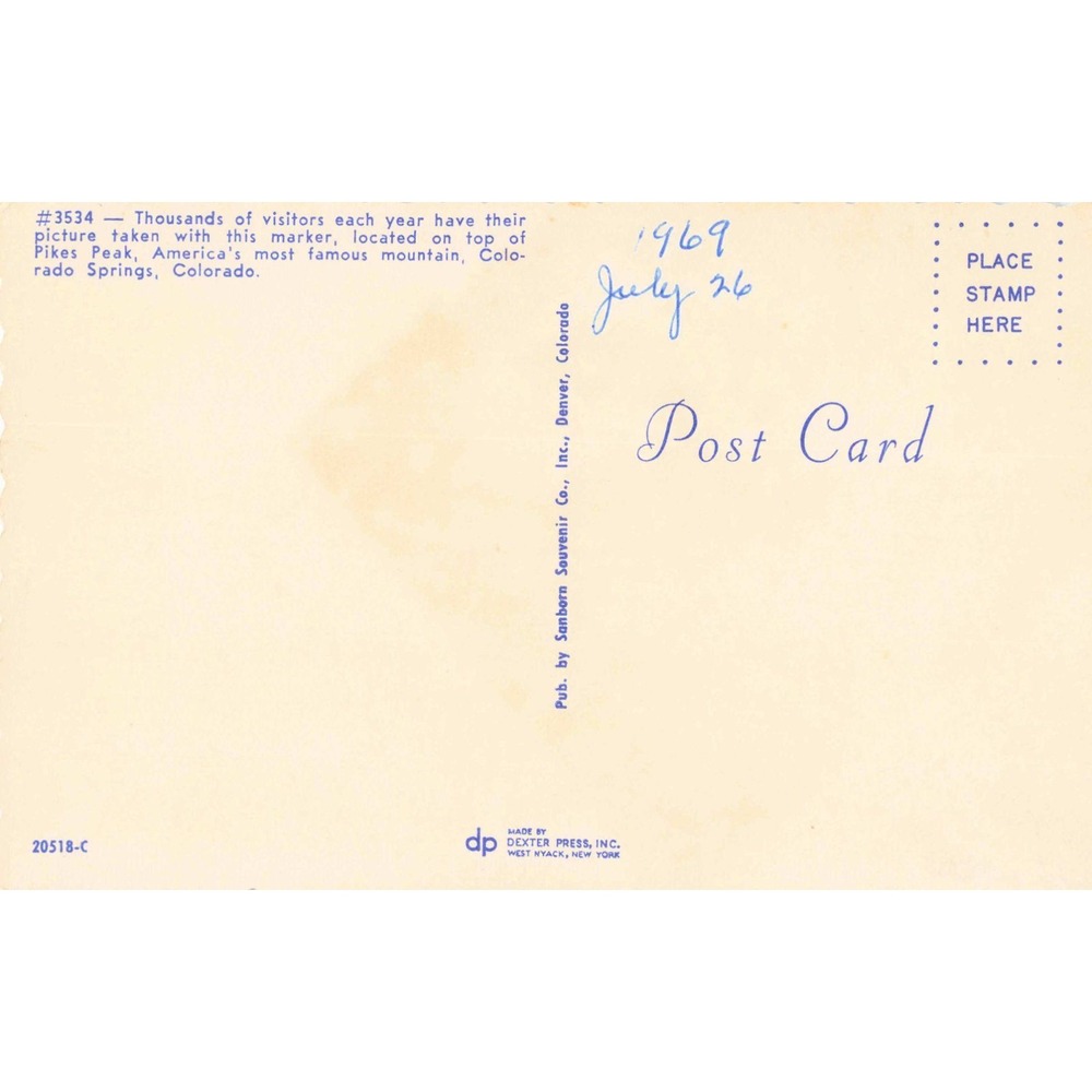 Vintage Pikes Peak Summit Marker Postcard Colorado 14110 Ft Pike National Forest - Picture 2 of 2